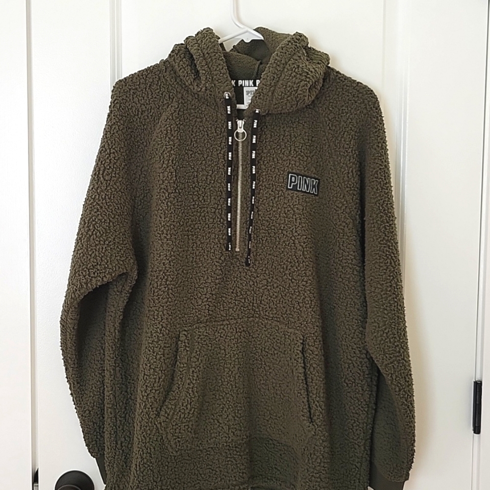 PINK Victoria's Secret Sherpa 1/4 Zip Hooded Pullover Size Large Olive Green